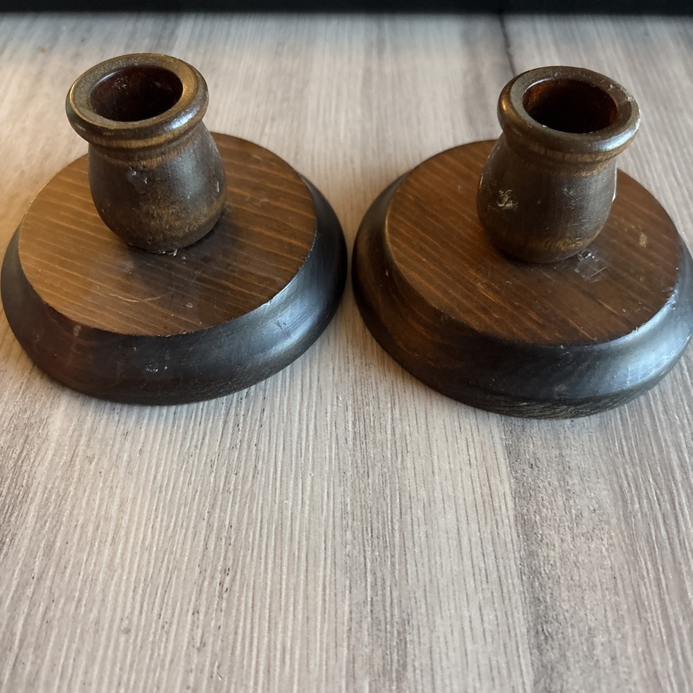 Vintage 4"‎ Wide Wood Candlestick Holders USA Woodcroftery Primitive Farmhouse